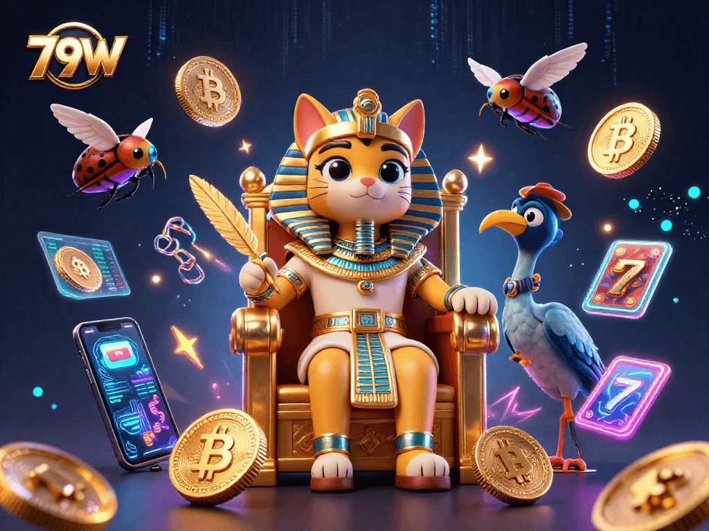 Jogue e vença com 79W em um cassino vibrante com elementos egípcios e criptomoedas envolventes.
