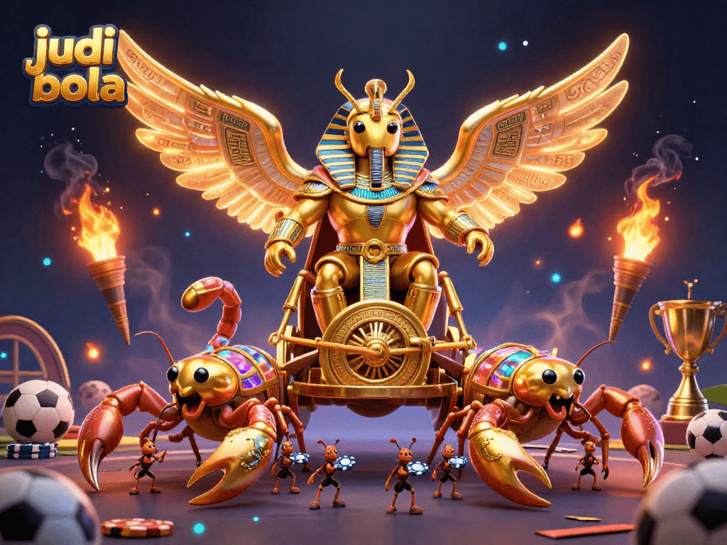 Engage in judi bola sports betting with dynamic 3D illustration featuring colossal characters and vibrant elements.