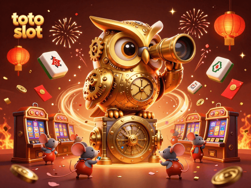 Experience exciting toto slot action with a golden owl scanning the casino floor amidst vibrant game elements.