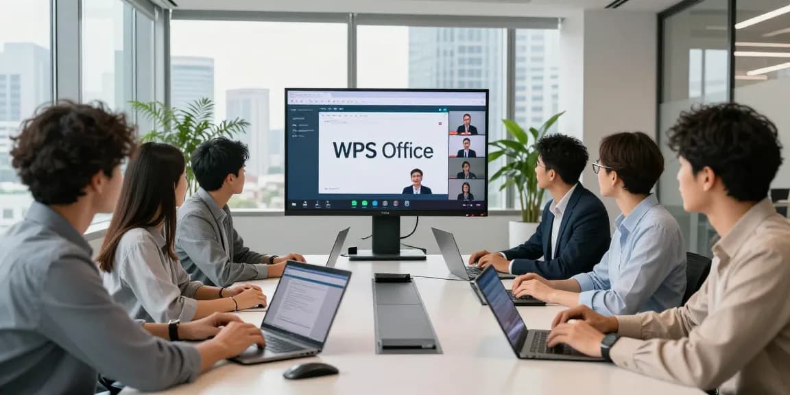 Team collaborating in a modern office setting using WPS下载 for seamless productivity.