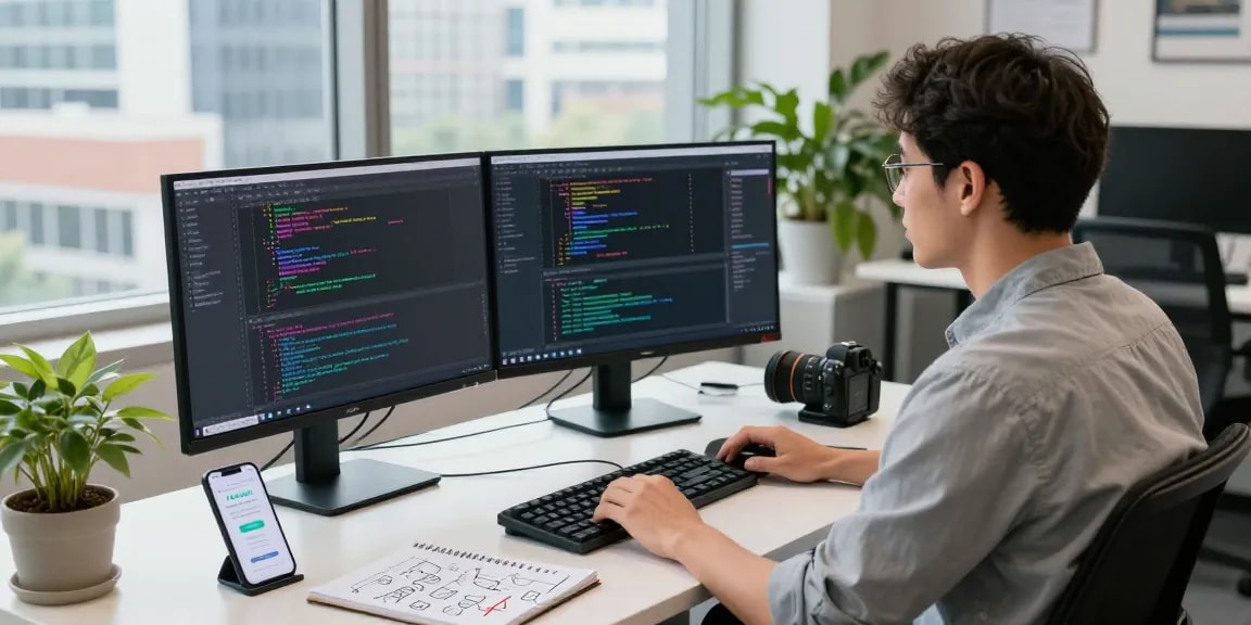 NAGA2000 software engineer coding in a modern workspace.