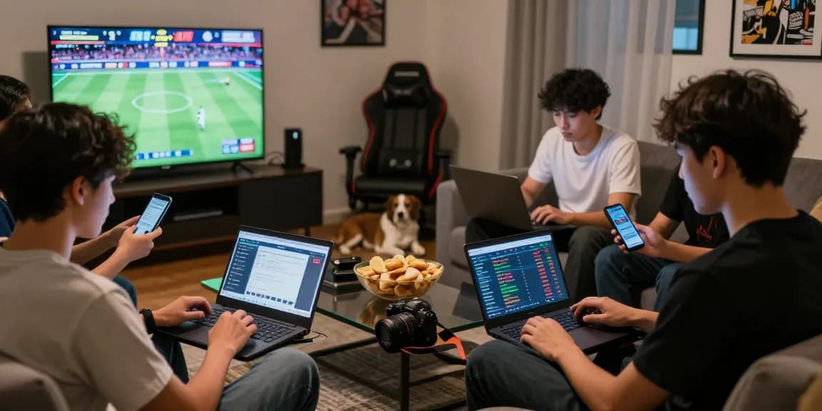 A lively group analyzing 토토사이트 options with laptops and sports on TV in a cozy living room setting.