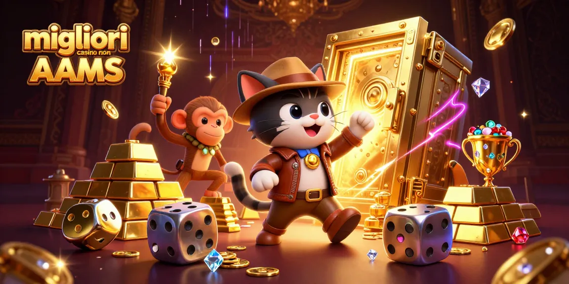 Illustrazione dei migliori casino non AAMS che mostra un gatto esploratore con tesori, monete d'oro e gemme.
