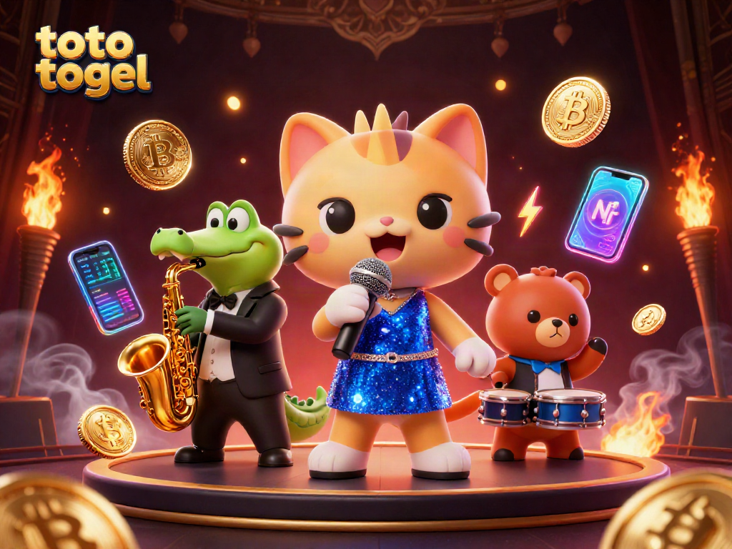 Experience thrill with toto togel in this vibrant 3D casino illustration featuring jazz-singer cat and friends.