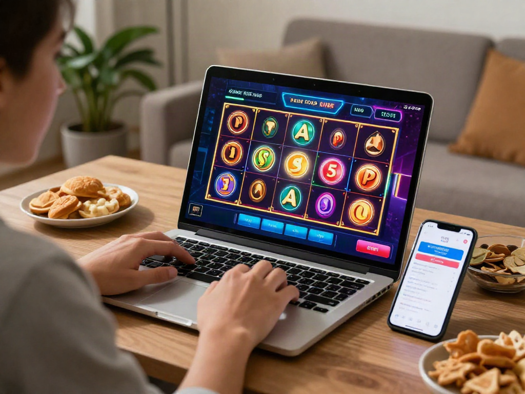 Exciting bandar slot game experience with colorful animations in a cozy setting.
