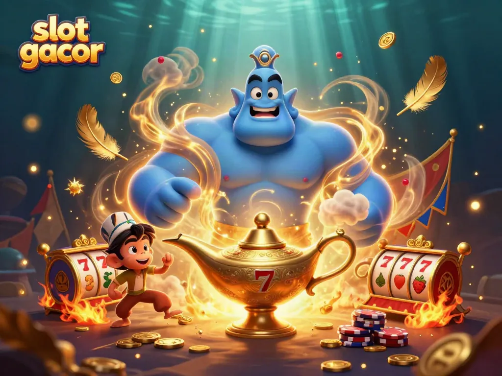Rasakan sensasi slot gacor dengan genie dan karpet terbang, penuh koin emas dan simbol keberuntungan.