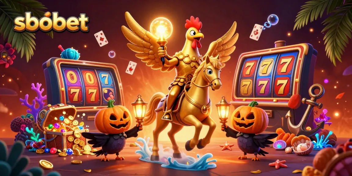 Experience sbobet excitement in this vibrant casino illustration packed with colorful slot features and characters.