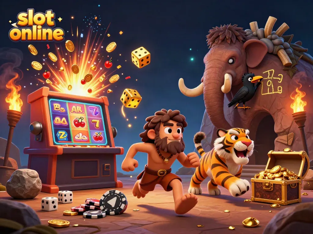 Experience thrilling slot online action with a playful caveman, sabertooth tiger, and crow in a vibrant prehistoric casino.