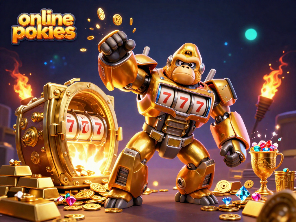 Engaging scene showcasing online pokies with a golden gorilla mech and vibrant treasures bursting out.