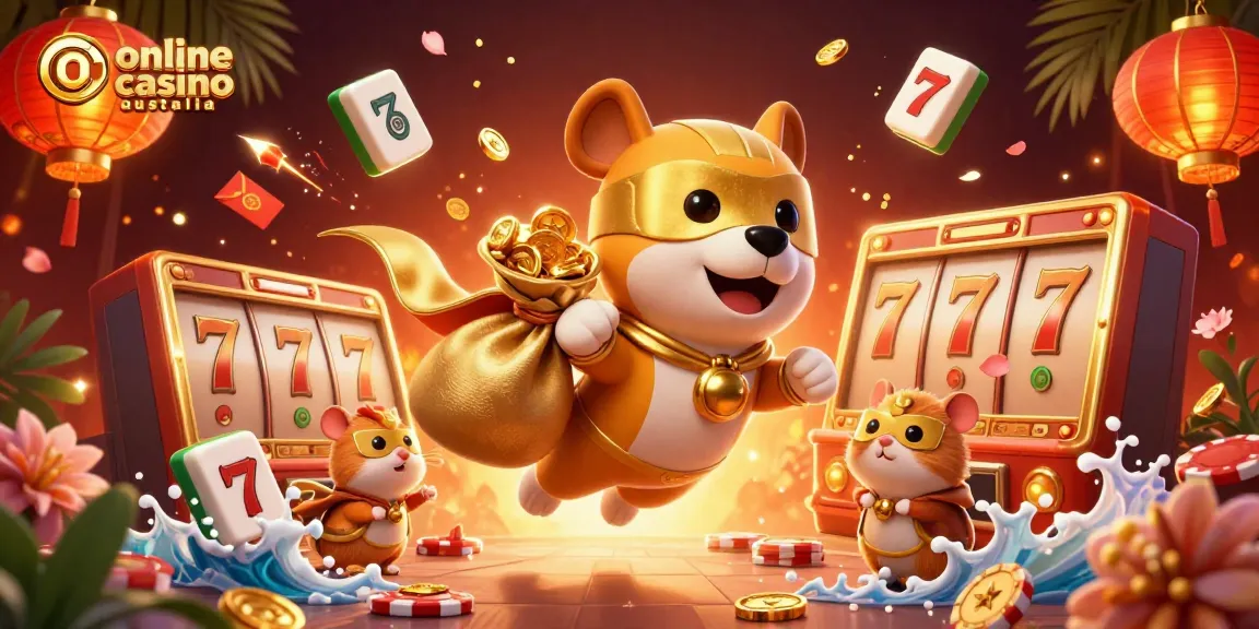 Experience the excitement of online casino Australia through a vibrant 3D illustration of a superhero dog and hamster.