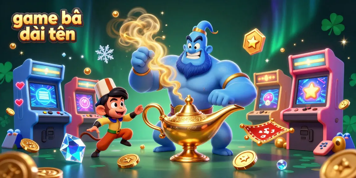 Engage in game bài đổi thưởng with a vibrant 3D scene featuring a blue genie, magic carpet, and casino elements.