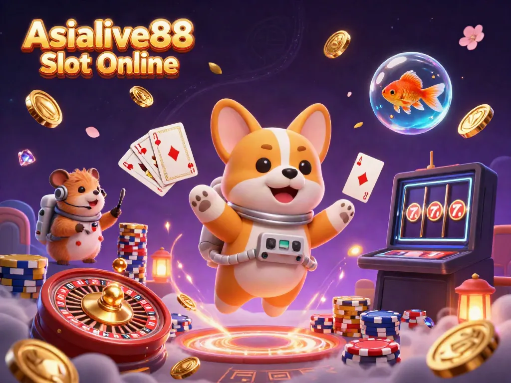 Experience thrilling action with Asialive88 Slot Online in a colorful casino scene featuring an astronaut corgi.