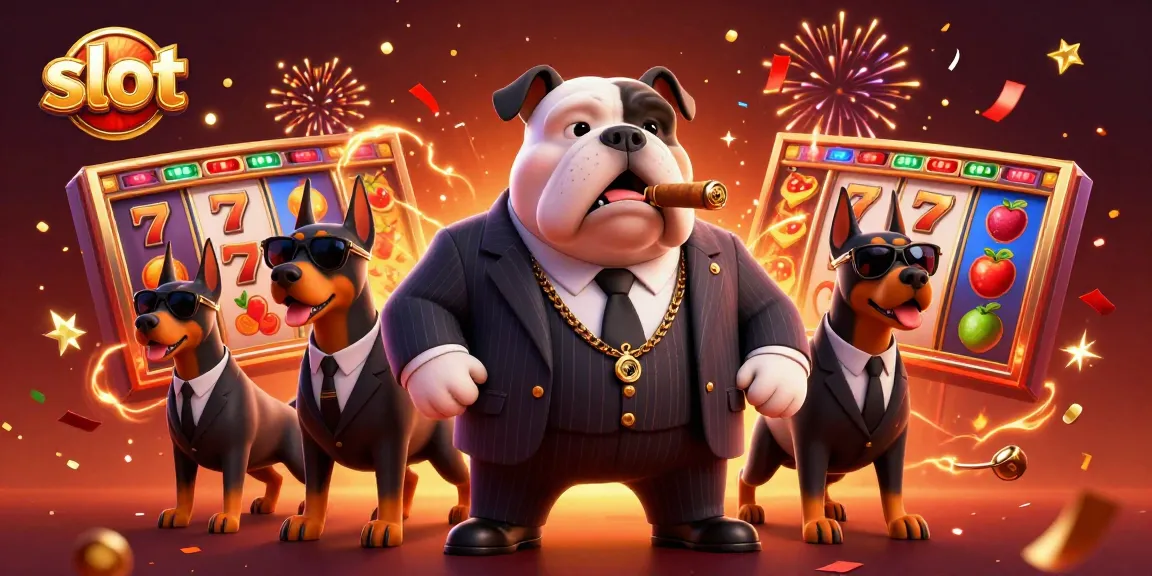 Spin the slot to win jackpots with a 3D mobster bulldog amidst vibrant casino elements.