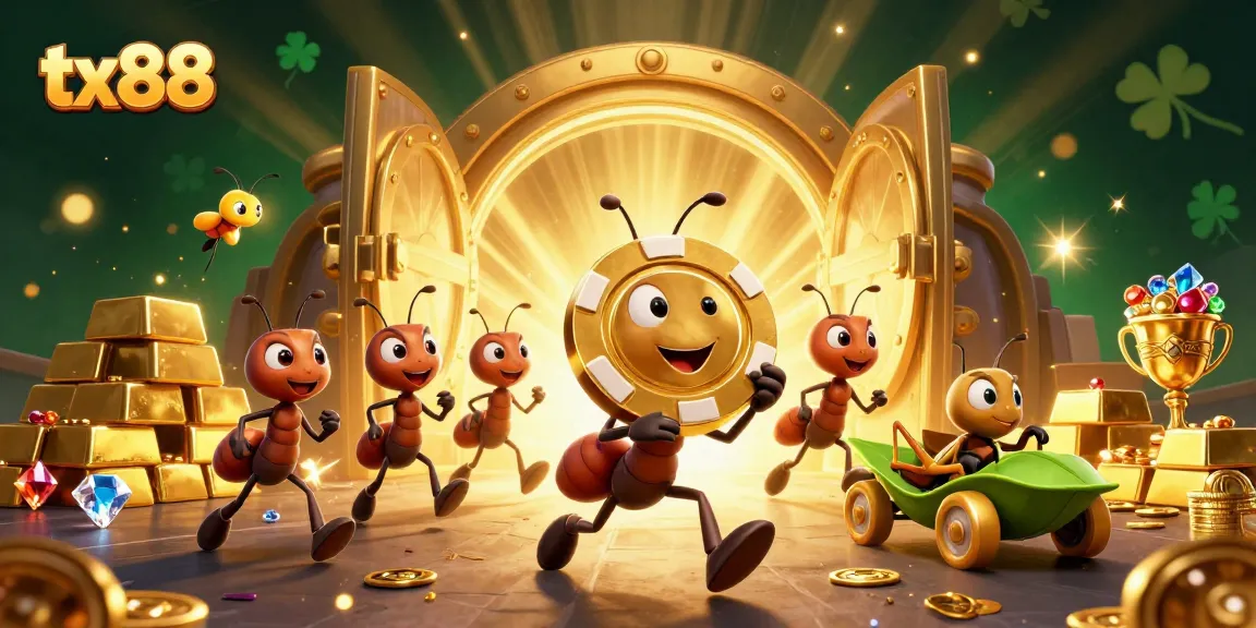 Experience an adventurous heist with tx88’s team of ants, poker chip, and treasure in a vibrant casino scene.