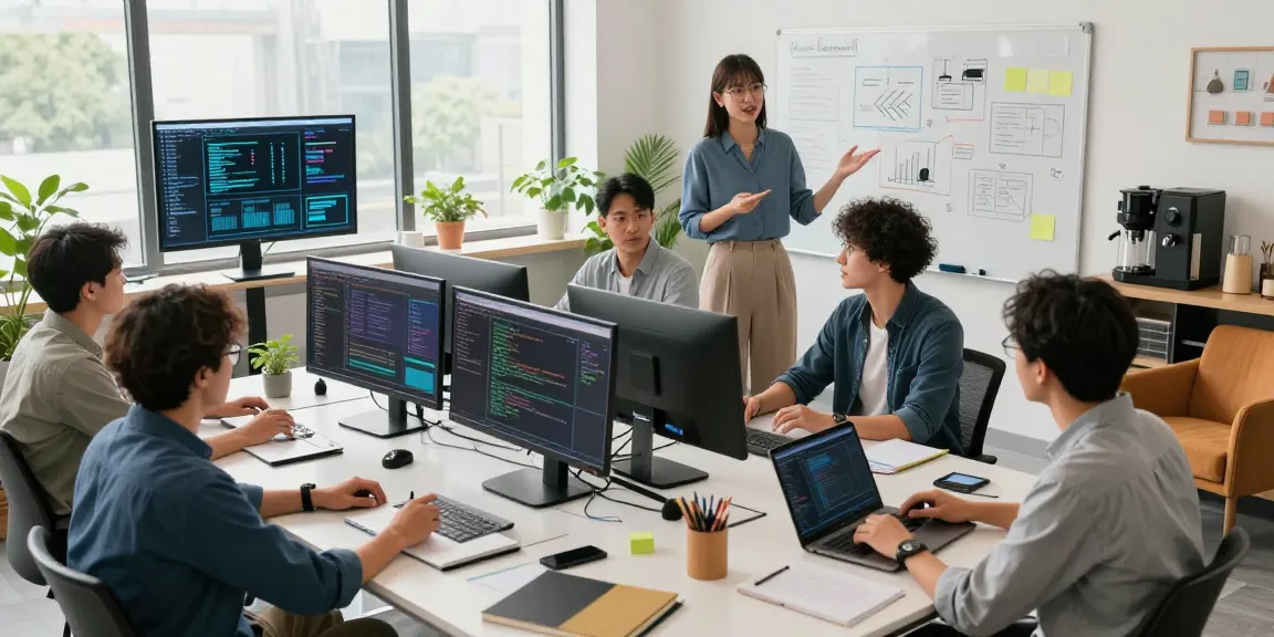 Collaborative tech workspace featuring a discussion on 纸飞机中文版 with coding screens and laptops.