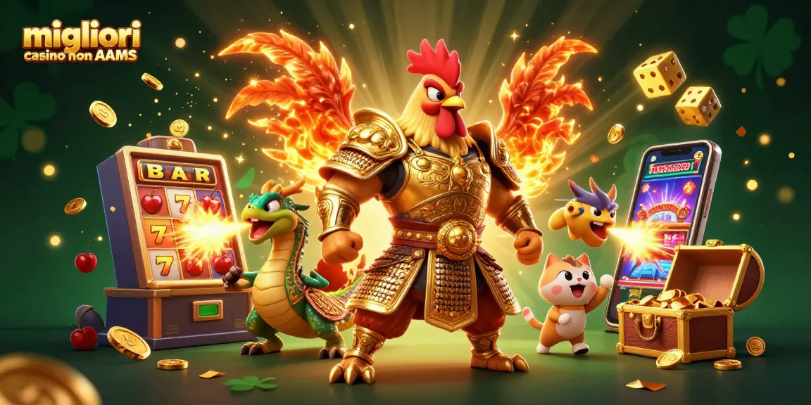 Migliori casino non AAMS che mostrano un gallo guerriero animato e un drago in una scena di casinò vivace.