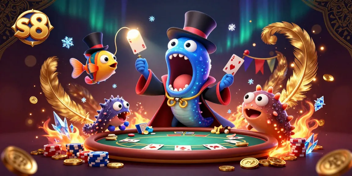S8 players enjoying dynamic card tricks and vibrant casino elements in an engaging underwater scene