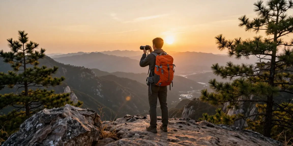 Traveler at sunset on a mountain peak, showcasing adventure vibes from https://hanadultalk.com with breathtaking views.