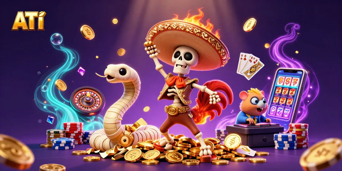 Experience ATI's vibrant casino scene featuring a festive rooster and thrilling gaming elements.