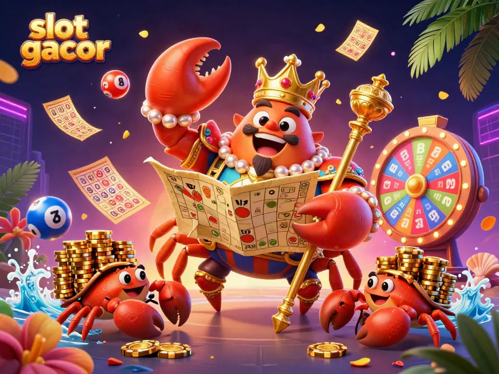 Experience slot gacor excitement with a golden crab emperor in a vibrant casino scene.