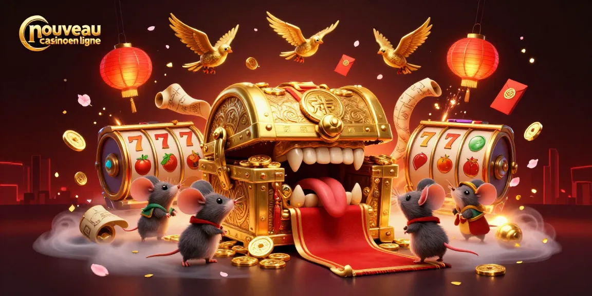 Illustration captivante d'un nouveau casino en ligne avec un coffre au trésor et des jeux de machines à sous.