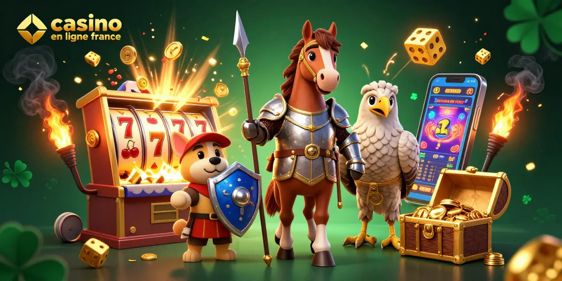 Découvrez l'excitation du casino en ligne France avec un chevalier en 3D, un écuyer et un faucon dans une scène de jackpot remplie.