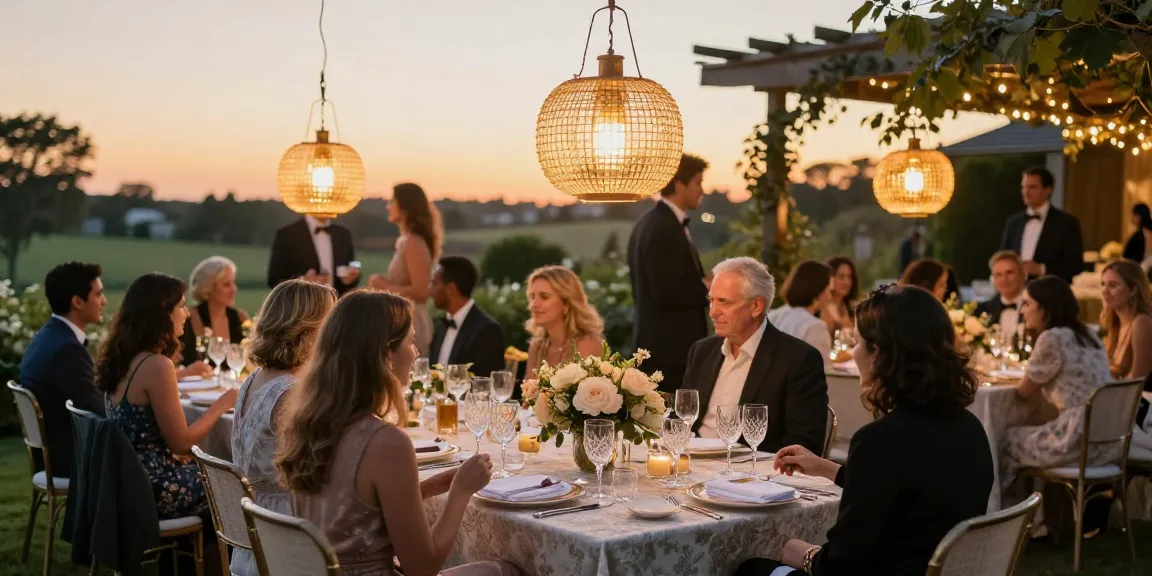 Event rentals at an elegant outdoor gathering with upscale decor and guests during sunset.