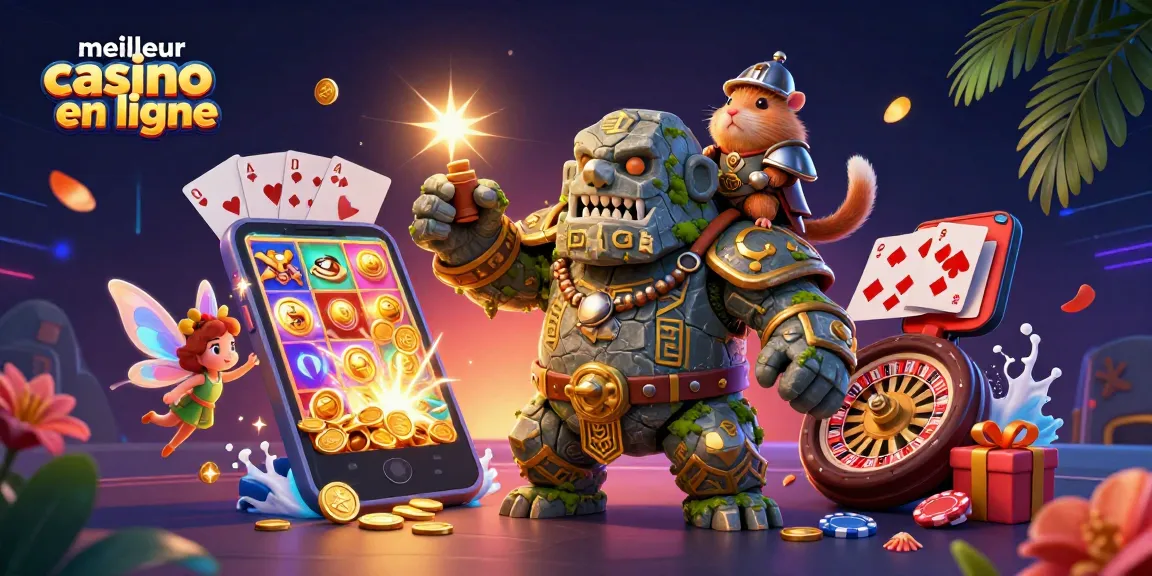 Explorez le meilleur casino en ligne avec un golem magique et un hamster chevalier, entourés de jeux et de pièces d'or.