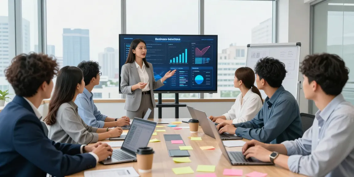 Diverse team collaborating in modern office, using AI for business solutions with dynamic presentations and data analytics.