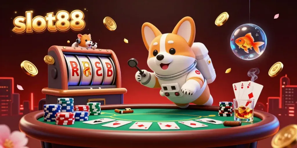 Experience excitement in slot88 casino with a playful astronaut corgi and floating coins in an animated scene.