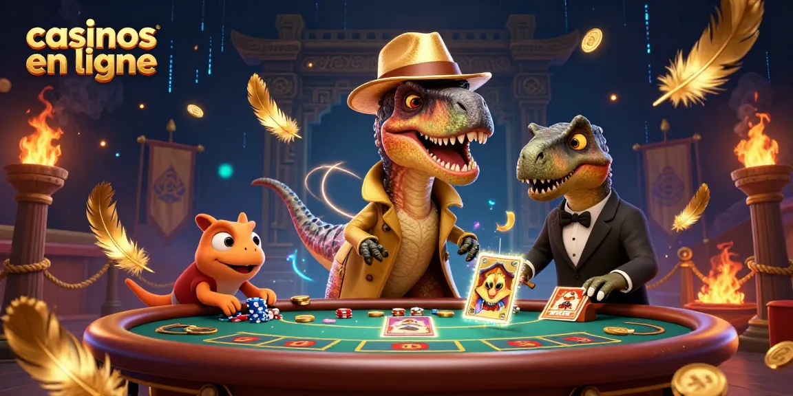 Découvrez des casinos en ligne captivants avec un raptor et un pit boss dans une illustration immersive.