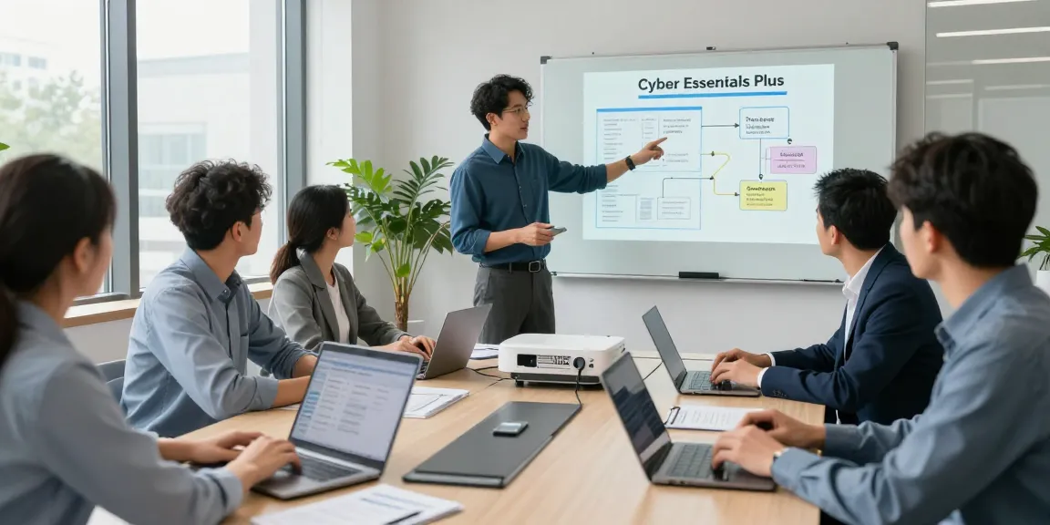 IT professionals discussing cyber essentials plus cost in a modern office.