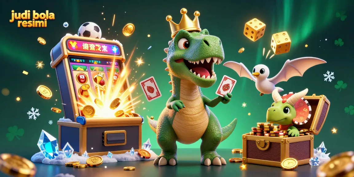 Engage in judi bola resmi as cartoon dinosaurs play cards and stack chips in a vibrant casino setting.