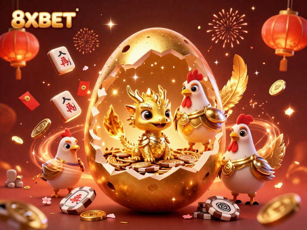 Experience thrilling wins with 8XBET as a golden baby dragon emerges from an egg made of poker chips.
