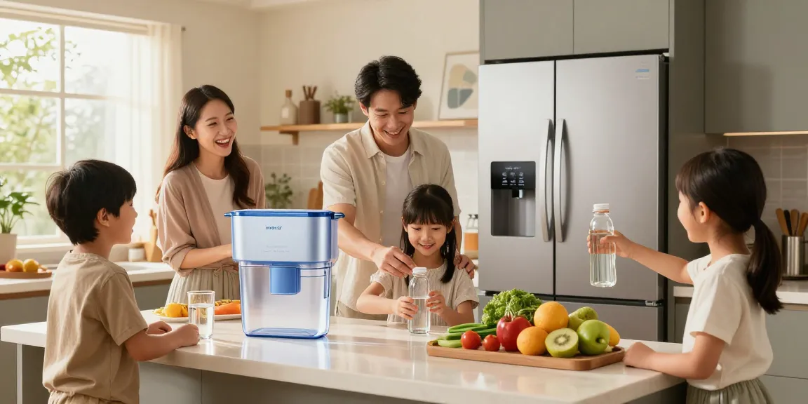 Family enjoying fresh water from the Waterdrop Alkaline DA97-17376B Water Filter in a modern kitchen