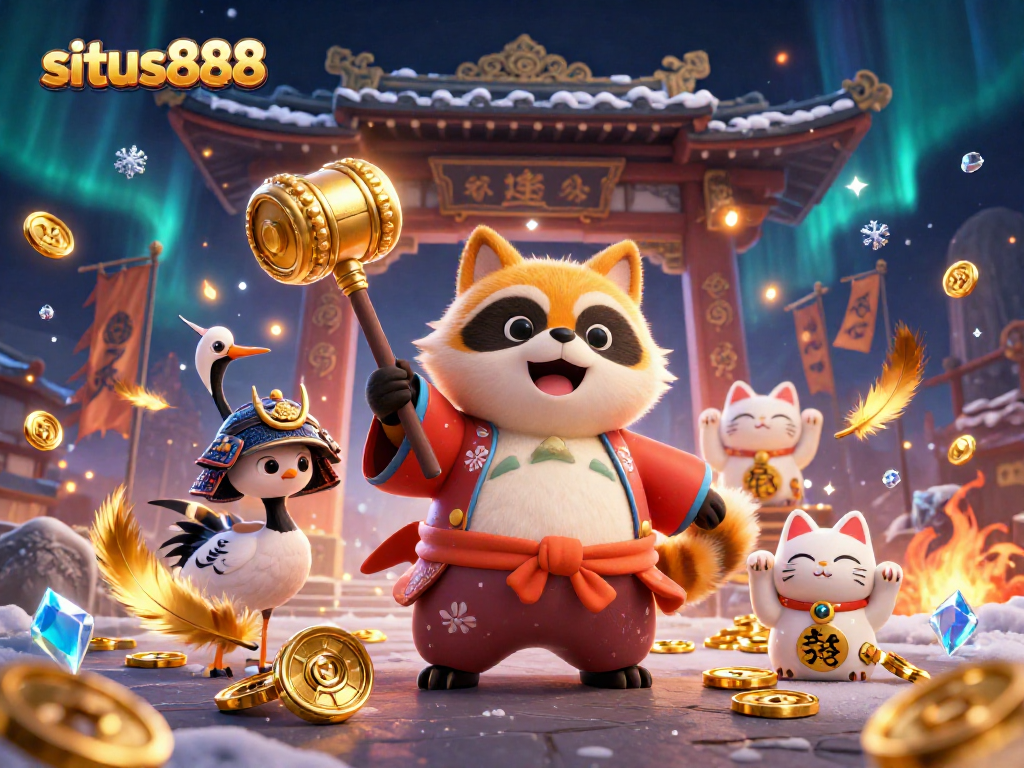 Spin jackpots at situs888 with vibrant characters in a dynamic casino scene.