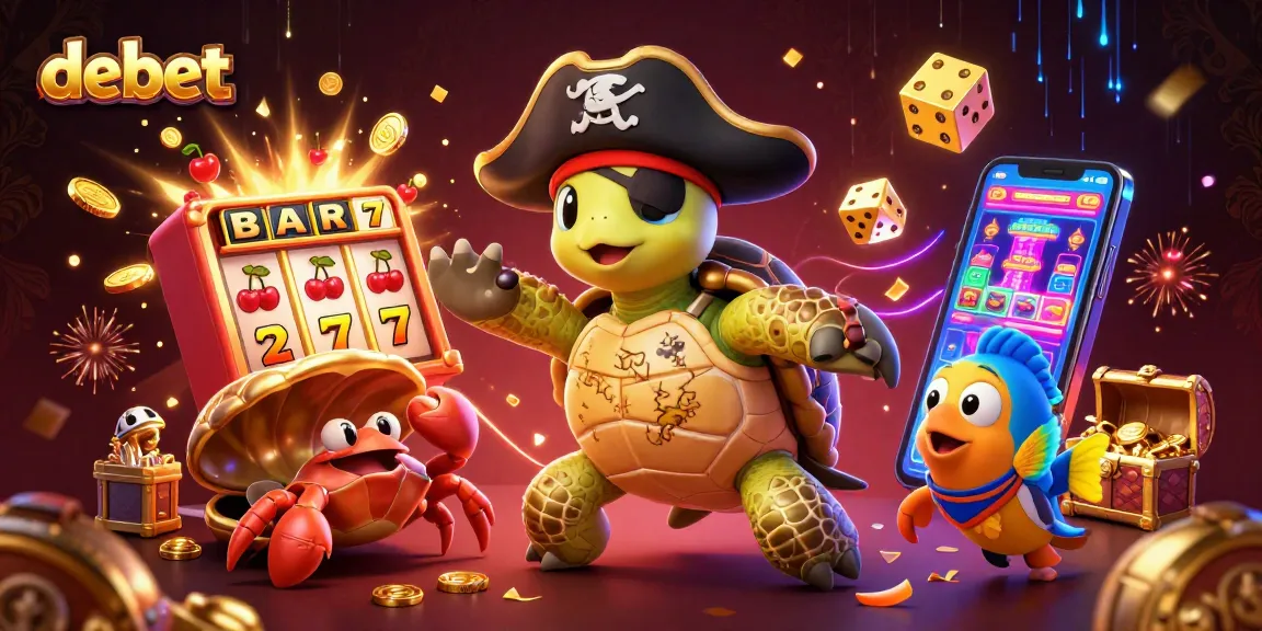 Experience thrilling casino action with debet in a vibrant pirate-themed illustration of lucky characters and games.
