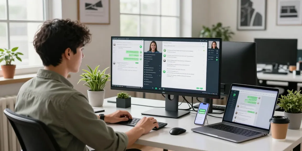 A tech professional using WhatsApp網頁版 on a dual-monitor setup in a bright office.