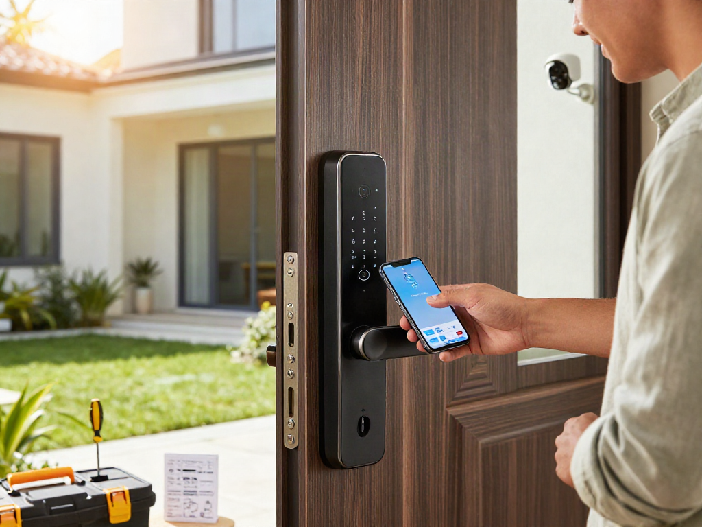 خرید قفل هوشمند installation on a modern front door highlighting security and technology in a bright home.