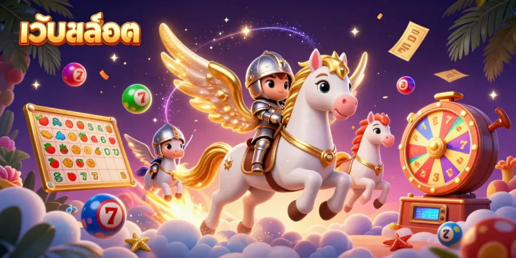 Experience the vibrant world of เว็บสล็อต with a whimsical theme featuring animated elements like slot reels and lottery balls.