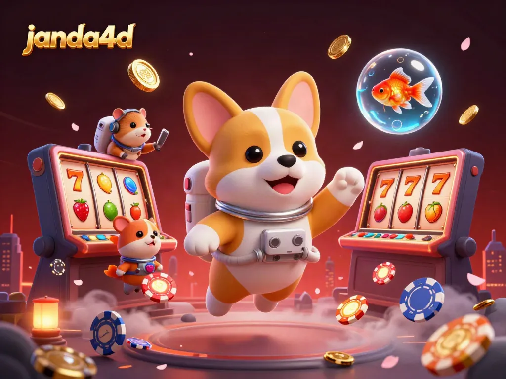 Bermain slot menarik di janda4d dengan karakter corgi luar angkasa dan elemen kasino.