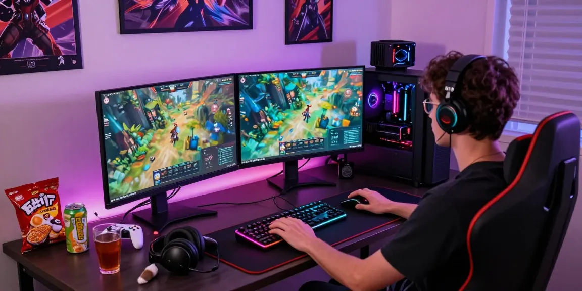 Gamer bermain di portal GOKIL33 dengan PC gaming modern dan aksesori canggih, menunjukkan pengalaman bermain yang maksimal.