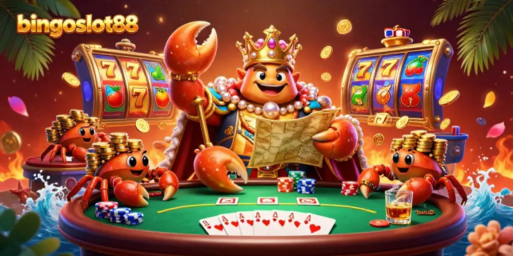 Rasakan keseruan bermain bingoslot88 dengan ilustrasi 3D kartun menarik dari raja kepiting emas dan elemen kasino.