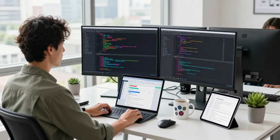 Software engineer at a modern workspace with dual monitors and coding tools, representing telegraimin.com