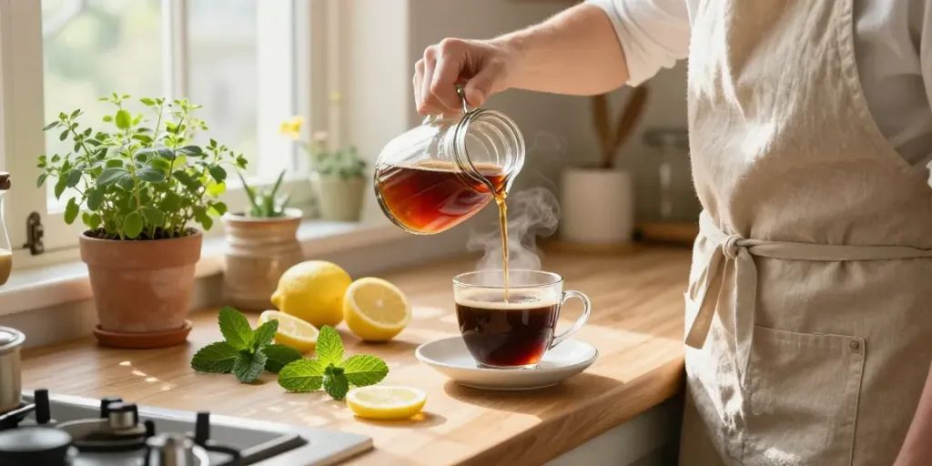 Artisan pouring Maplelixir into coffee in rustic kitchen with herbs and fresh ingredients.