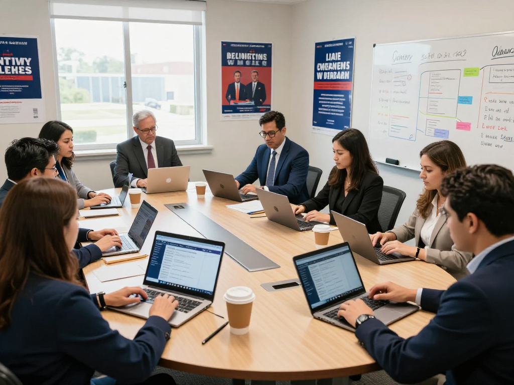 Campaign team analyzing voter data for candidate reputation management in a collaborative meeting.