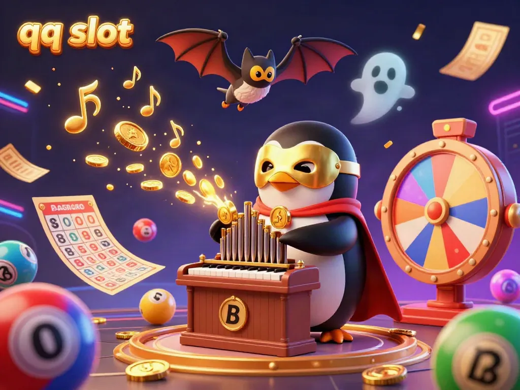 Experience thrilling qq slot action with a cartoon penguin playing a gold coin organ amidst vibrant lottery elements.