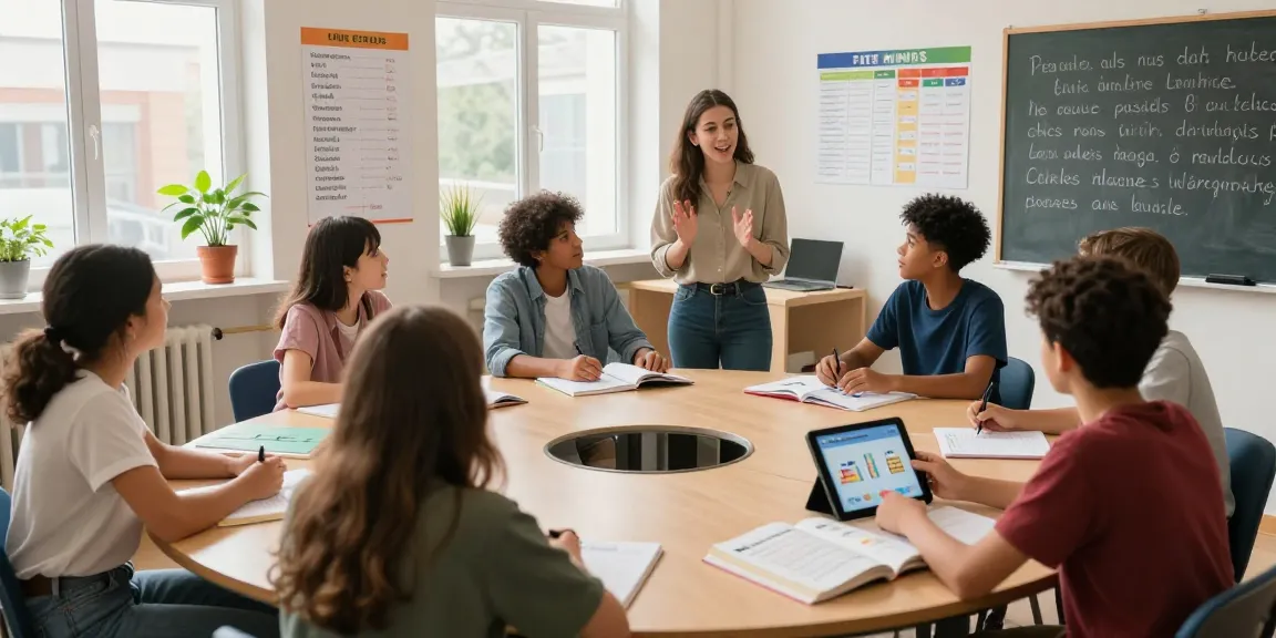 Corsi di francese in Francia ambiente di aula con studenti impegnati in conversazione.