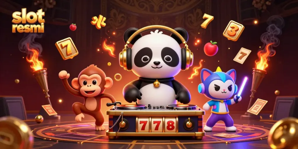 Experience thrilling gameplay with slot resmi as DJ panda spins slots, surrounded by vibrant casino elements.