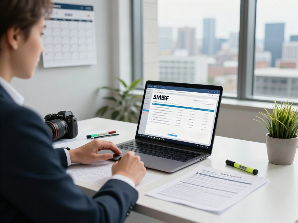 Finance professional conducting an SMSF audit with financial documents in a modern office setting.